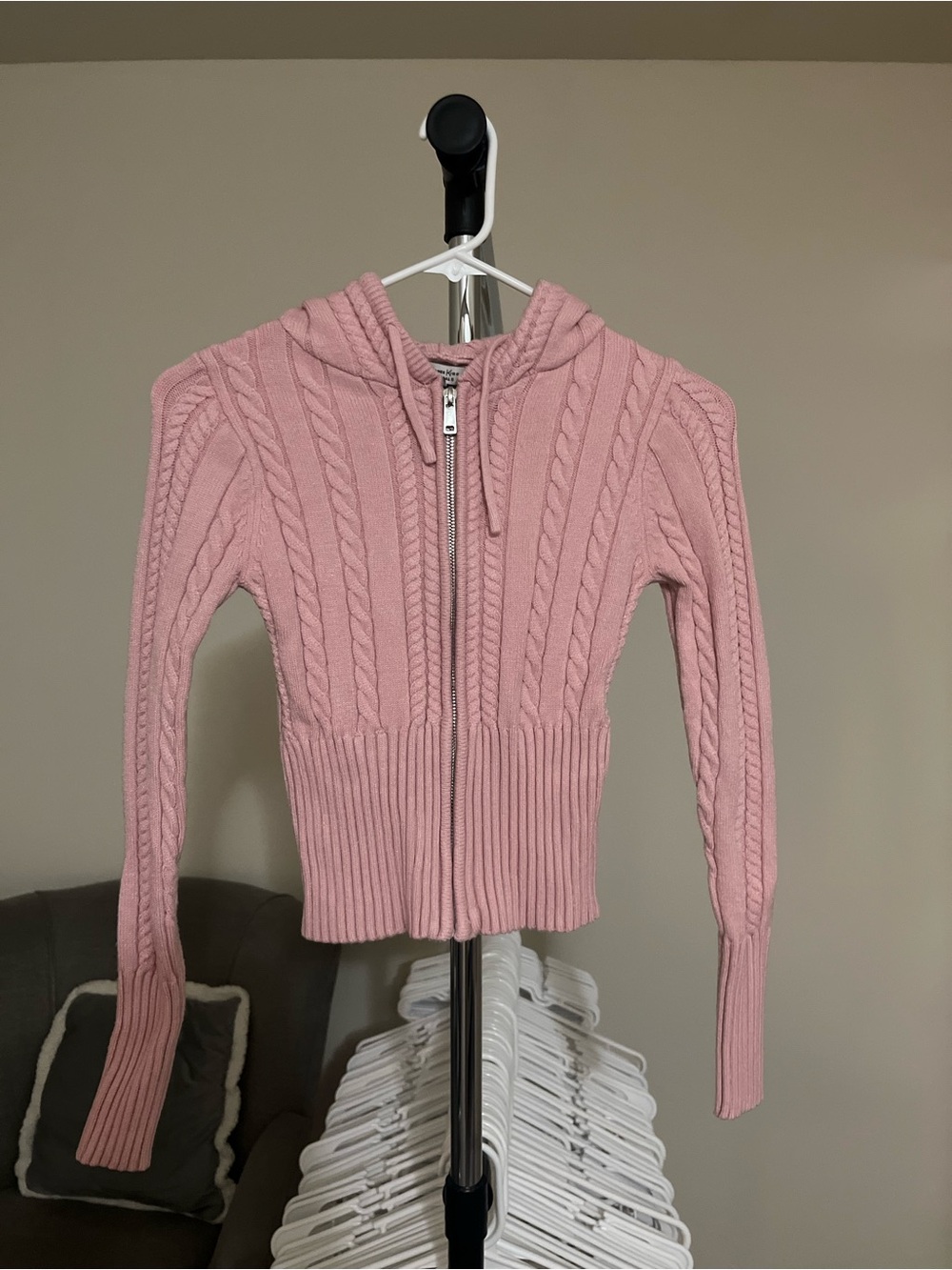 Orange Kiss Zip-Front Cable Knit Hoodie Sweater - Pink Size S